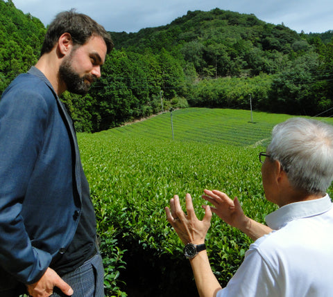 Nio Teas' CEO in a blue jacket stands outdoors talking to an older man in a white shirt, with a lush green tea plantation and forested hills in the background.