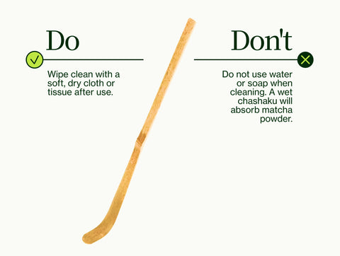 Instruction graphic showing a wooden matchstick cleaner with text instructions: 'Do' says to wipe clean with a soft, dry cloth or tissue after use, and 'Don't' says not to use water or soap when cleaning, on a light cream background.