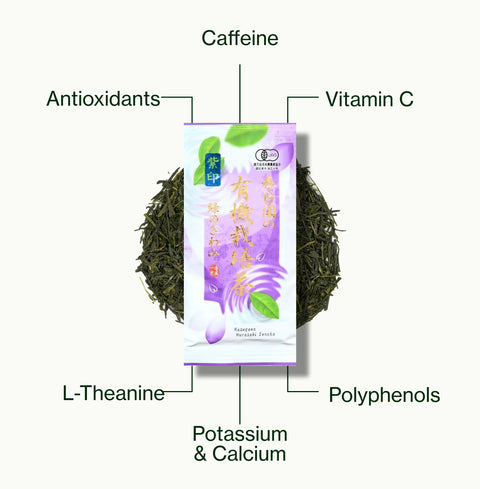 Nio Teas Fukamushi Sencha Kagoshima Murasaki pack of loose leaf tea, labelled with caffeine, antioxidants, polyphenols, vitamin C, L-theanine, and potassium and calcium