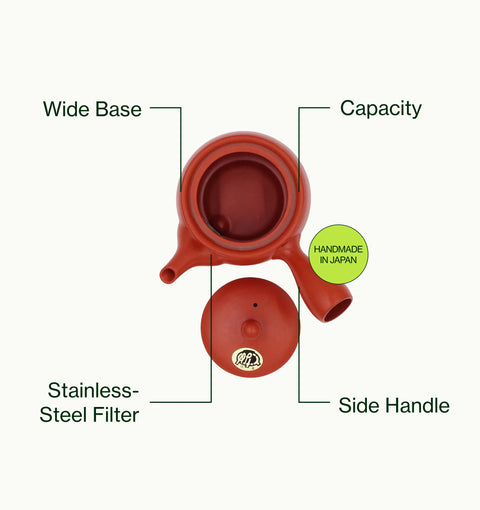 A red clay teapot shown from top and lid views on a light background with callout labels reading Wide Base, Tall Walls, Thick Clay, Handmade in Gifu, Japan, and a small green circular badge.